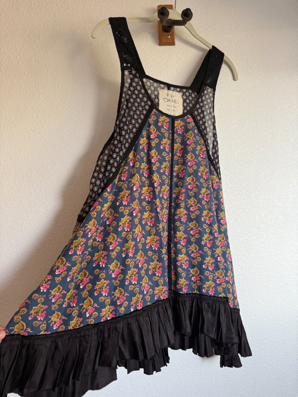 FP One Free People Mixed Print Floral Sequin Strap Trapeze Dress M/L
